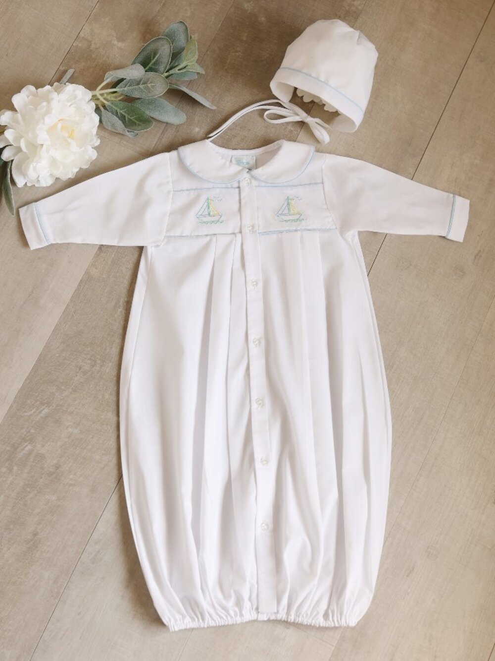 Newborn White and Blue Coming Home Take Me Home Gown and Bonnet Set Sailboat NWT